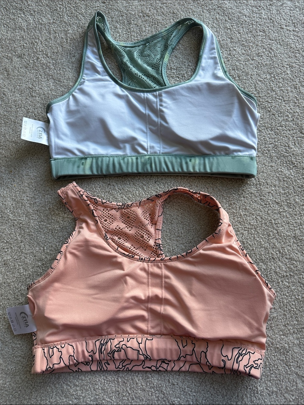 Set of 2 Zyia Bomber Racerback Sports Bras - Green Tie-Dye & Peach Abstract - L - Picture 4 of 4